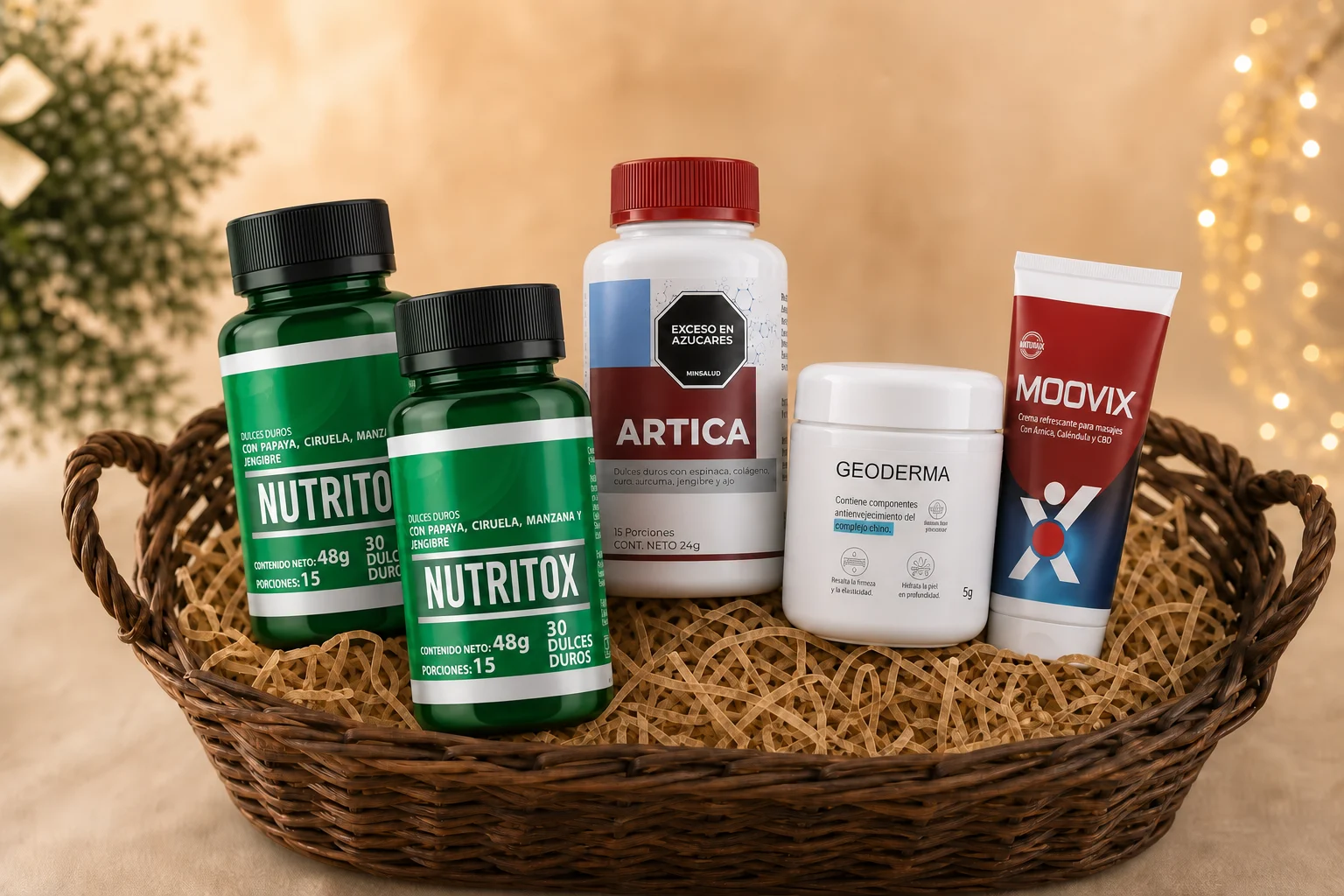 Canasta premium con productos seleccionados, incluyendo Nutritox